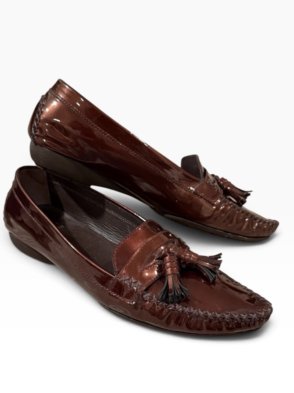 Vintage Stuart Weitzman bronze quasar patent moc slip on tassel loafers 9.5
